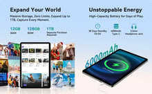 Load image into Gallery viewer, 10.1 2025 Tablet Android 15 8-core 12GB RAM 128GB with 6000mAh battery and high storage options.