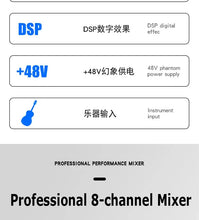 Load image into Gallery viewer, 8/12 Channel Digital Mixer Audio Console 100 DSP Effects Bluetooth USB MP3 DJ Reverberation Sound Mixing Console