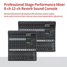 Load image into Gallery viewer, 8/12 Channel Digital Mixer Audio Console 100 DSP Effects Bluetooth USB MP3 DJ Reverberation Sound Mixing Console