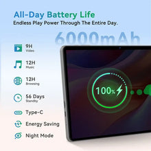Load image into Gallery viewer, 10.1 2025 Tablet Android 15 8-core 12GB RAM 128GB showing battery life and charging features