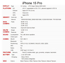 Load image into Gallery viewer, Unlocked iPhone 15 Pro 128/256/512GB 1TB ROM Dual eSIM 8GB RAM 6.1" Original Super Retina OLED Face ID NFC A16 15Pro 5G Phone