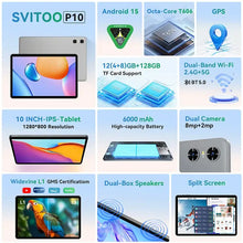 Load image into Gallery viewer, SVITOO 10.1 2025 Tablet Android 15 8-core 12GB RAM 128GB with dual-band Wi-Fi, dual cameras, and split screen feature