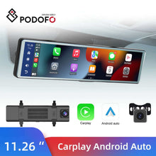 Load image into Gallery viewer, Podofo Wireless CarPlay Android Auto Dual Screen Car DVR Dash Cam 11.26”Rear View Mirror Stream Media Video Recorder Monitor DVR