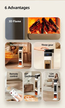 Load image into Gallery viewer, Image showcasing advantages of the 1500W Ceramic Tower Heater &amp; Humidifier - 4-in-1 including 3D flame, instant heating, and remote control.
