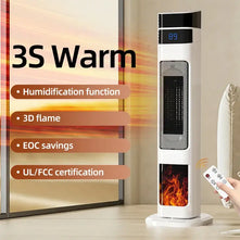 1500W Ceramic Tower Heater & Humidifier - 4-in-1 with humidification function and 3D flame for cozy warmth.
