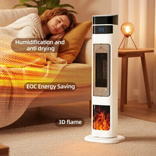 Load image into Gallery viewer, 1500W Ceramic Tower Heater &amp; Humidifier - 4-in-1 with 3D flame and humidification features for energy-saving warmth.
