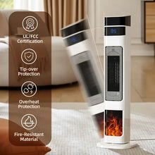 Load image into Gallery viewer, 1500W Ceramic Tower Heater &amp; Humidifier - 4-in-1 with UL/FCC certification and safety features like tip-over and overheat protection.
