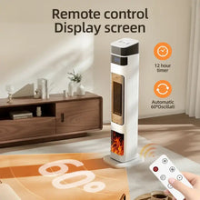 Load image into Gallery viewer, 1500W Ceramic Tower Heater &amp; Humidifier - 4-in-1 with remote control and display screen showing temperature settings

