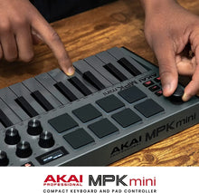 Load image into Gallery viewer, AKAI Professional MPK Mini MK3 - 25 Key USB MIDI Keyboard Controller With 8 Backlit Drum Pads, 8 Knobs (Grey)
