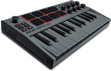 Load image into Gallery viewer, AKAI Professional MPK Mini MK3 - 25 Key USB MIDI Keyboard Controller With 8 Backlit Drum Pads, 8 Knobs (Grey)
