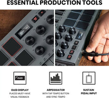 Load image into Gallery viewer, AKAI Professional MPK Mini MK3 - 25 Key USB MIDI Keyboard Controller With 8 Backlit Drum Pads, 8 Knobs (Grey)
