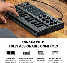 Load image into Gallery viewer, AKAI Professional MPK Mini MK3 - 25 Key USB MIDI Keyboard Controller With 8 Backlit Drum Pads, 8 Knobs (Grey)
