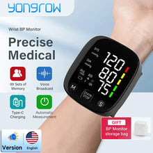 Load image into Gallery viewer, Yongrow Rechargeable Digital Wrist Blood Pressure Monitor Sphygmomanometer Tonometer Tensiometer Heart Rate Meter BP Monitor
