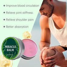 Load image into Gallery viewer, Joint Care Miracle Balm being applied to relieve knee stiffness and improve circulation; product shown in open container.
