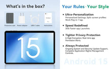 Load image into Gallery viewer, 10.1 2025 Tablet Android 15 8-core 12GB RAM 128GB showing features like ultra-personalization and security details.
