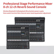 Load image into Gallery viewer, 8/12 Channel Digital Mixer Audio Console 100 DSP Effects Bluetooth USB MP3 DJ Reverberation Sound Mixing Console
