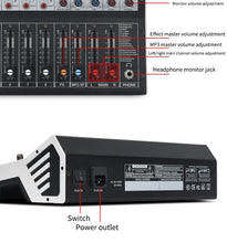 Load image into Gallery viewer, 8/12 Channel Digital Mixer Audio Console 100 DSP Effects Bluetooth USB MP3 DJ Reverberation Sound Mixing Console
