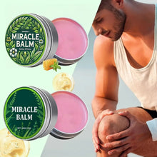 Load image into Gallery viewer, Joint Care Miracle Balm for soothing joint pain, image of balm tins and man applying to knee.
