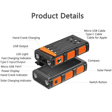 Load image into Gallery viewer, Hand Crank Solar Power Bank 30000mAh with Cable Camping Light PD 20W Fast Charging Powerbank for iPhone Xiaomi Samsung Powerbank
