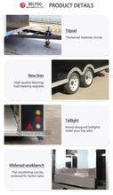 Load image into Gallery viewer, Belyoo Fast Food Vending Cart Burger Taco Street Food Trailer product details including tripod, new tires, taillight, and widened workbench.
