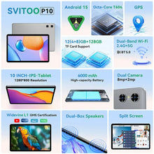 Load image into Gallery viewer, 10.1 2025 Tablet Android 15 8-core 12GB RAM 128GB with high-capacity battery and dual cameras, featuring 10-inch IPS display and GPS.
