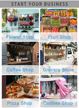 Load image into Gallery viewer, Image collage of various mobile shops including a Flower Shop, Fruit Shop, Coffee Shop, Grocery Store, Pizza Shop, and Clothes Shop.
