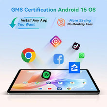 Load image into Gallery viewer, 10.1 2025 Tablet Android 15 8-core 12GB RAM 128GB with GMS certification and popular app icons like Instagram and TikTok displayed on screen.
