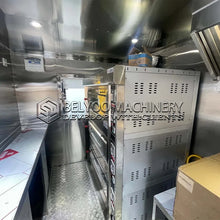 Load image into Gallery viewer, Interior view of Belyoo Fast Food Vending Cart Burger Taco Street Food Trailer showcasing the kitchen setup and equipment.
