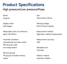 Load image into Gallery viewer, Yongrow Rechargeable Digital Wrist Blood Pressure Monitor Sphygmomanometer Tonometer Tensiometer Heart Rate Meter BP Monitor
