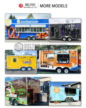 Load image into Gallery viewer, Belyoo Fast Food Vending Cart Burger Taco Street Food Trailer models showcasing different designs and food types.
