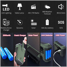 Load image into Gallery viewer, Portable Radio Hand Crank AM FM NOAA Emergency 3-in-1 Reading Lamp Flashlight Solar Charging 2000mAh Power Bank for Cell Phone
