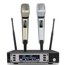 Load image into Gallery viewer, SOMLIMI EW135G4 UHF Long Distance Dual Channel Dual Handheld Professional Wireless Microphone System Stage Performance Dynamic - gold and white
