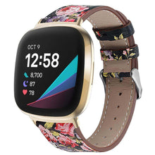 Load image into Gallery viewer, For fitbit versa 3 smart watch classic double-sided first layer cowhide leather strap for fitbit versa 3 / for fitbit sense band - black pink flower
