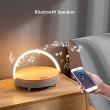 Load image into Gallery viewer, Wireless Charger Bluetooth Speaker for IPhone 13 Wooden Table Lamp High Power Mobile Phone Stand Wireless Charger Lamp Speaker
